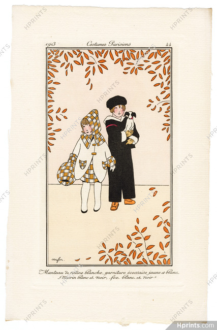 Madeleine Franc-Nohain 1913 Journal des Dames et des Modes Costumes Parisiens Pochoir N°44 Manteau de ratine, Marin blanc et noir
