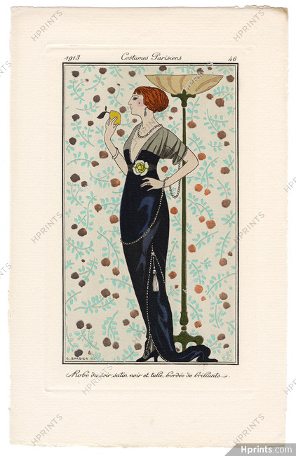 George Barbier 1913 Journal des Dames et des Modes Costumes Parisiens Pochoir N°46 Robe du soir satin noir et tulle bordée de brillants