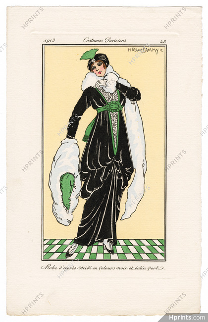 Robert Dammy 1913 Journal des Dames et des Modes Costumes Parisiens Pochoir N°48 Robe d'après-midi en velours noir et satin vert