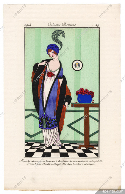Robert Pichenot 1913 Journal des Dames et des Modes Costumes Parisiens Pochoir N°49 Robe de charmeuse blanche, Manteau de velours étrusque