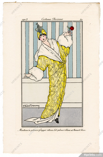 Robert Dammy 1913 Journal des Dames et des Modes Costumes Parisiens Pochoir N°50 Manteau de velours frappé citron