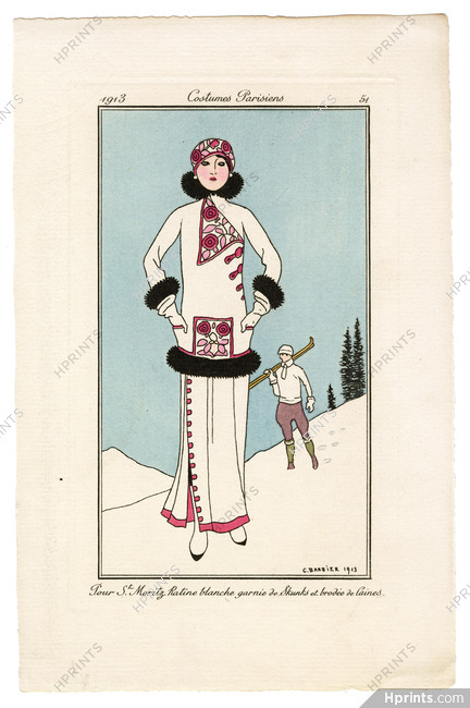 George Barbier 1913 Journal des Dames et des Modes Costumes Parisiens Pochoir N°51 Pour St Moritz Ratine blanche