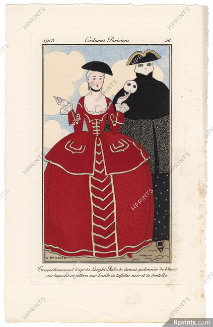 George Barbier 1913 Journal des Dames et des Modes Costumes Parisiens Pochoir N°56 Travestissement d'après Longhi