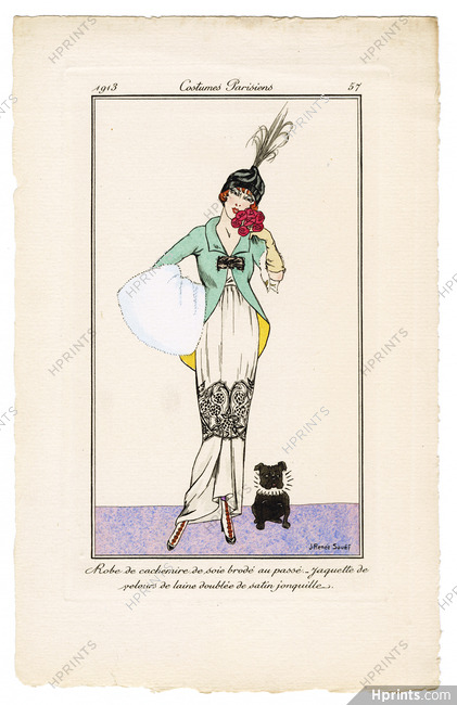 J. Renée Souef 1913 Journal des Dames et des Modes Costumes Parisiens Pochoir N°57 Robe de cachemire de soie brodée