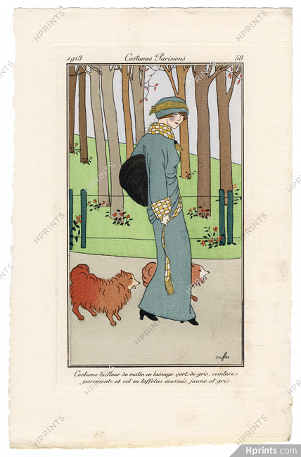 Madeleine Franc-Nohain 1913 Journal des Dames et des Modes Costumes Parisiens Pochoir N°58 Costume tailleur du matin