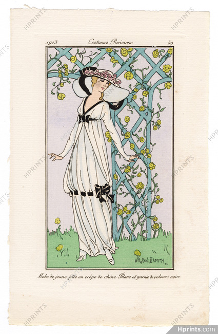 Robert Dammy 1913 Journal des Dames et des Modes Costumes Parisiens Pochoir N°59 Robe de jeune fille