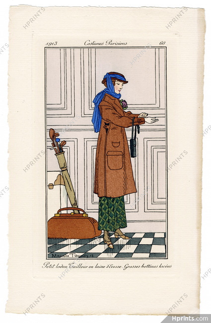 Maurice Taquoy 1913 Journal des Dames et des Modes Costumes Parisiens Pochoir N°60 Petit loden Tailleur, Golf