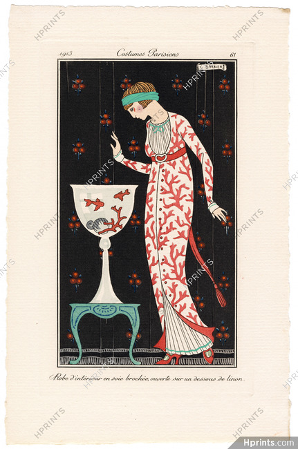 George Barbier 1913 Journal des Dames et des Modes Costumes Parisiens Pochoir N°61 Robe d'intérieur en soie brochée, Aquarium