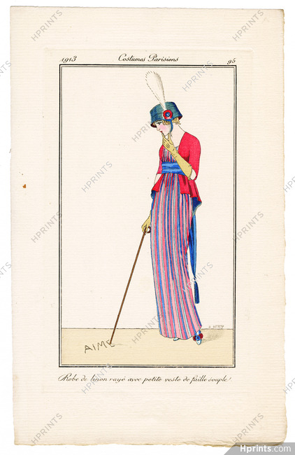B. Berty 1913 Journal des Dames et des Modes Costumes Parisiens Pochoir N°95 Robe de linon rayé, AIME