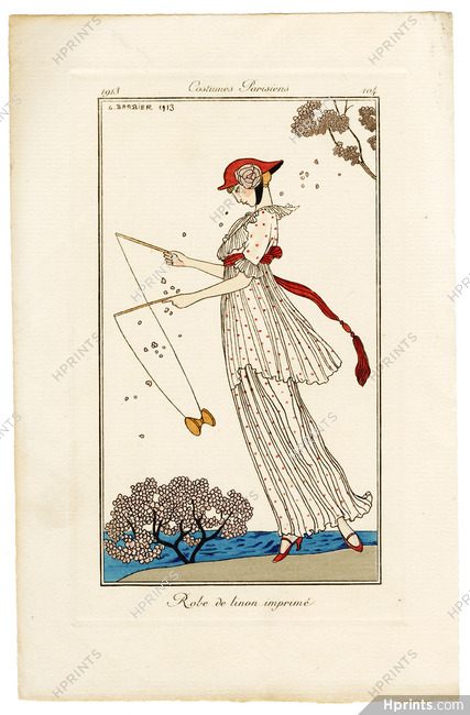 George Barbier 1913 Journal des Dames et des Modes Costumes Parisiens Pochoir N°104 Robe de linon imprimée, Diabolo