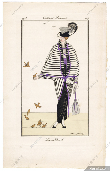 Victor Lhuer 1913 Journal des Dames et des Modes Costumes Parisiens Pochoir N°107 "Demi-Deuil" Half Mourning