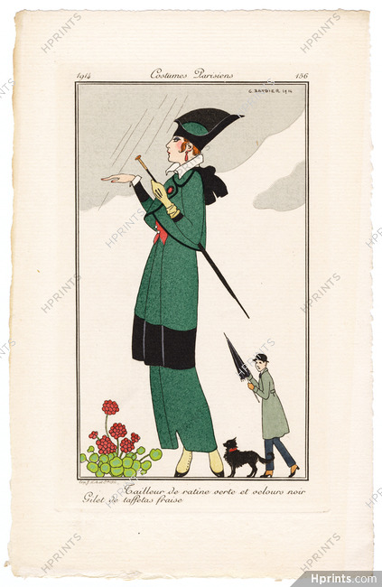 George Barbier 1914 Journal des Dames et des Modes Costumes Parisiens Pochoir N°156 Tailleur de ratine verte