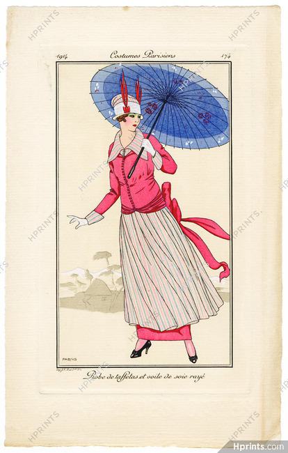 Fabius Lorenzi 1914 Journal des Dames et des Modes Costumes Parisiens Pochoir N°174 Robe de taffetas et voile de soie rayé