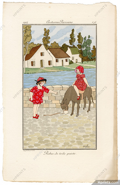 Madeleine Franc-Nohain 1914 Journal des Dames et des Modes Costumes Parisiens Pochoir N°176 Robes de toile peinte