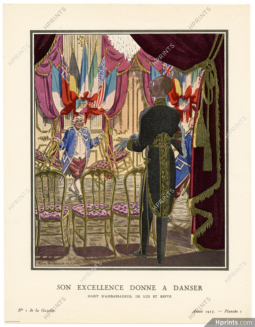 Son Excellence Donne à Danser, 1923 - Pierre Brissaud, Habit d’ambassadeur, de Lus et Befve. La Gazette du Bon Ton, n°1 — Planche 1