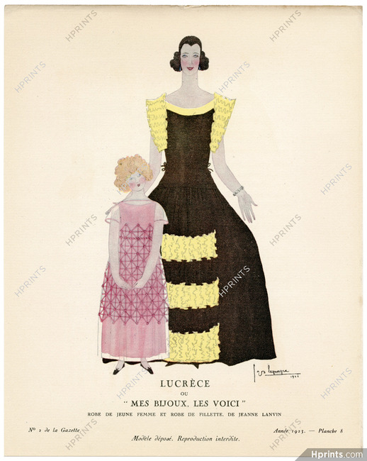Lucrèce — ou — " Mes Bijoux, les Voici ", 1923 - Georges Lepape, Robe de jeune femme et robe de fillette, de Jeanne Lanvin. La Gazette du Bon Ton, n°2 — Planche 8
