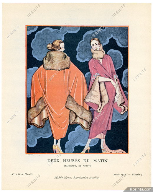 Deux Heures du Matin, 1923 - G. Barbier, Manteaux du soir, de Worth. La Gazette du Bon Ton, n°2 — Planche 9