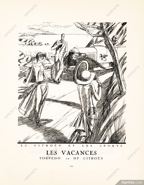 Les Vacances, 1923 - Pierre Mourgue, Torpedo 10 HP Citroën. La Gazette du Bon Ton, n°2