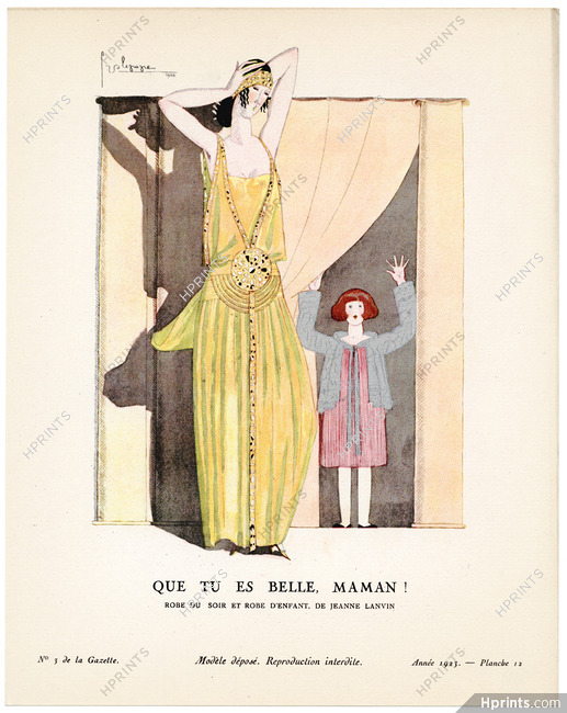 Que tu es Belle, Maman !, 1923 - Georges Lepape, Robe du soir, et robe de petite fille, de Jeanne Lanvin. La Gazette du Bon Ton, n°3 — Planche 12