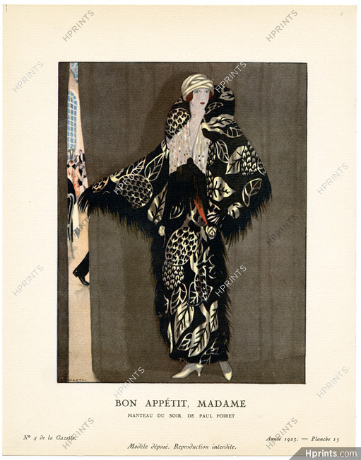 Bon Appétit, Madame, 1923 - A. E. Marty, Manteau du soir, de Paul Poiret. La Gazette du Bon Ton, n°4 — Planche 15