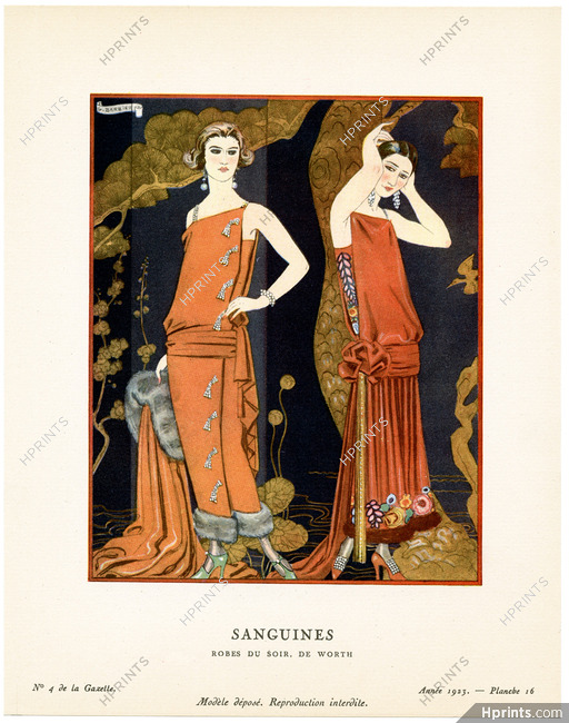 Sanguines, 1923 - George Barbier, Robes du soir, de Worth. La Gazette du Bon Ton, n°4 — Planche 16