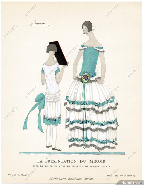 La Présentation du Miroir, 1923 - Georges Lepape, Robe de dîner, et robe de fillette, de Jeanne Lanvin. La Gazette du Bon Ton, n°4 — Planche 17