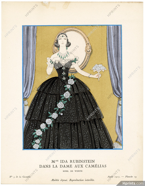 Madame Ida Rubinstein dans La Dame aux Camélias, 1923 - George Barbier, Robe de Worth. La Gazette du Bon Ton, n°5 — Planche 19
