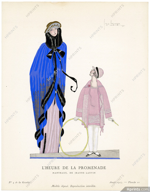 L'Heure de la Promenade, 1923 - Georges Lepape, Manteaux de Jeanne Lanvin. La Gazette du Bon Ton, n°5 — Planche 21