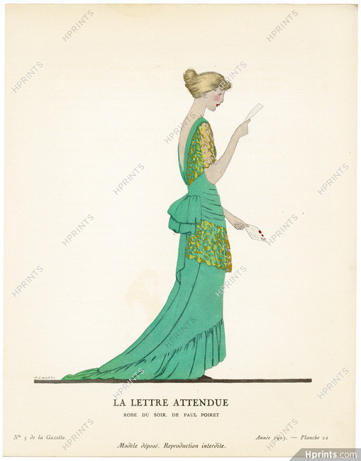 La Lettre Attendue, 1923 - André Marty, Robe du soir, de Paul Poiret. La Gazette du Bon Ton, n°5 — Planche 22