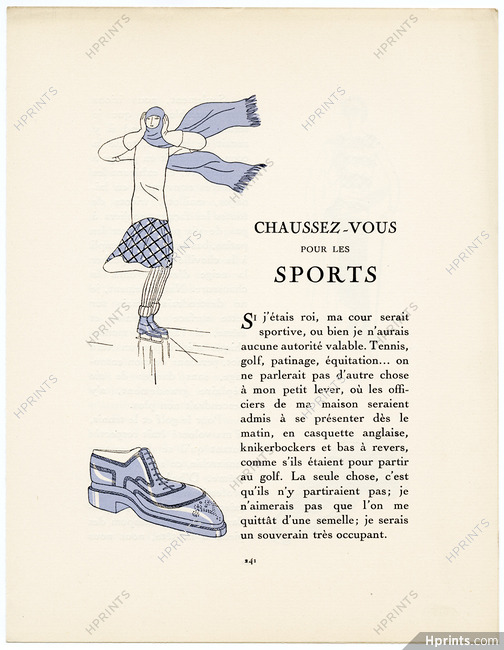 Chaussez-vous pour les Sports, 1924 - Pierre Mourgue, Perugia, Ice Skating, Golf, Tennis, Hunting. La Gazette du Bon Ton, n°6, Text by Vaudreuil, 4 pages