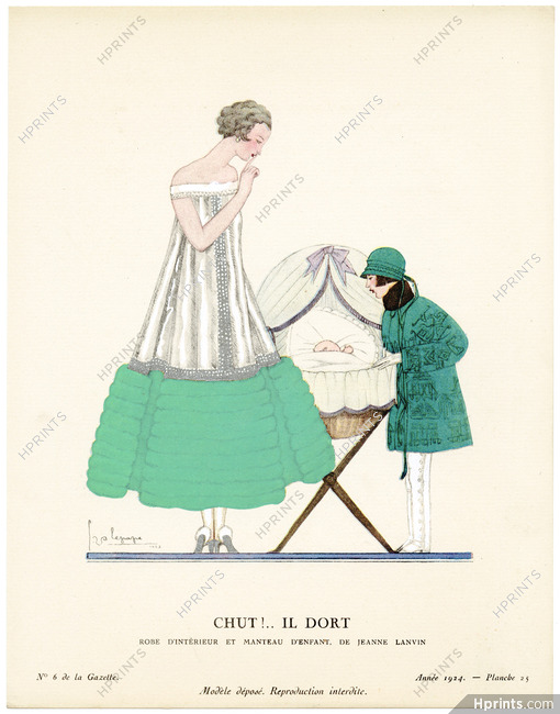 Chut !... Il Dort, 1924 - Georges Lepape, Robe d’intérieur et manteau d’enfant, de Jeanne Lanvin. La Gazette du Bon Ton, n°6 — Planche 25
