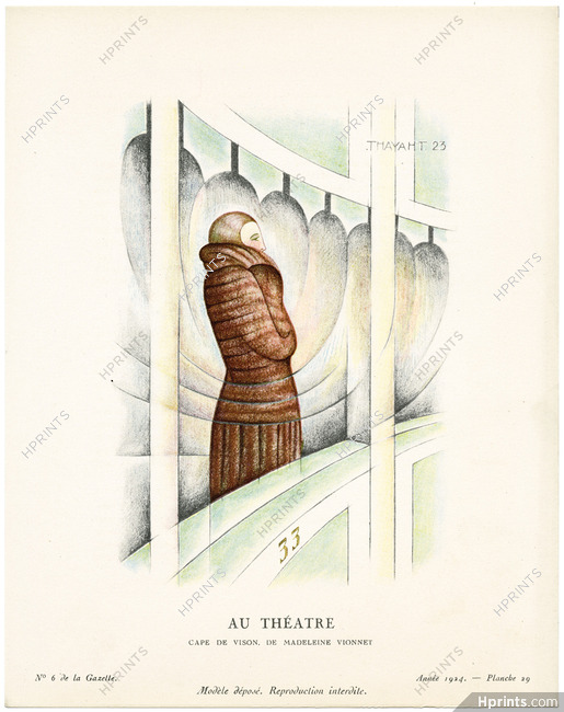 Au Théâtre, 1924 - Thayaht, Cape de vison, de Madeleine Vionnet. La Gazette du Bon Ton, n°6 — Planche 29