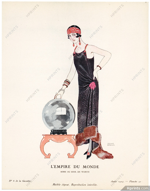 L’Empire du Monde, 1924 - George Barbier, Robe du soir, de Worth. La Gazette du Bon Ton, n°6 — Planche 30
