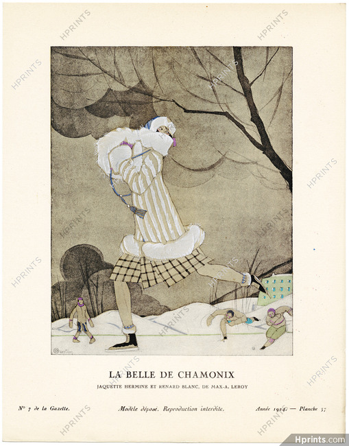La Belle de Chamonix, 1924 - Charles Martin, Jaquette hermine et renard blanc, de Max-A. Leroy. La Gazette du Bon Ton, n°7 — Planche 37