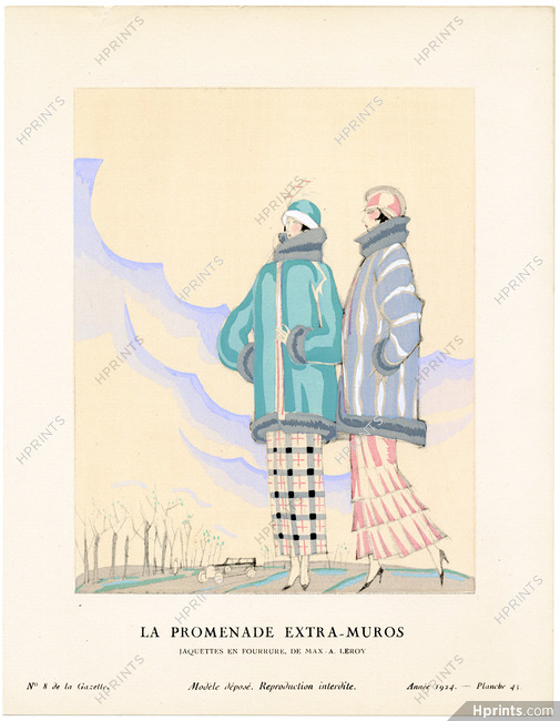 La Promenade Extra-Muros, 1924 - Charles Martin, Jaquettes en fourrure, de Max-A. Leroy. La Gazette du Bon Ton, n°8 — Planche 43