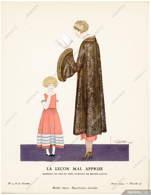 La Leçon Mal Apprise, 1924 - Georges Lepape, Manteau du soir et robe d'enfant, de Jeanne Lanvin. La Gazette du Bon Ton, n°9 — Planche 50
