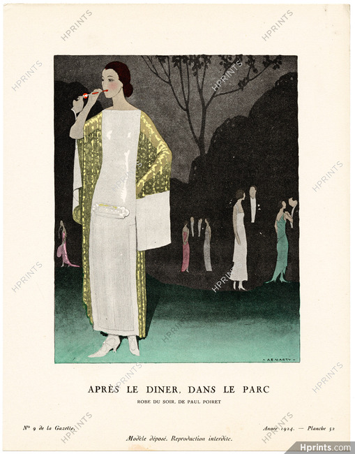 Après le Dîner, Dans le Parc, 1924 - André Marty, Robe du soir, de Paul Poiret. La Gazette du Bon Ton, n°9 — Planche 52