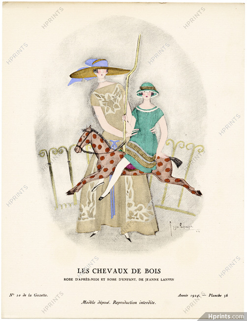 Les Chevaux de Bois, 1924 - Georges Lepape, Robe d'après-midi et robe d’enfant, de Jeanne Lanvin. La Gazette du Bon Ton, n°10 — Planche 56