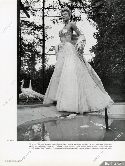 Christian Dior 1952 Evening Gown, White Peacocks, Photo Ostier