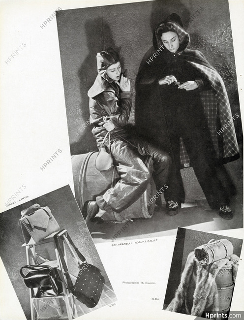 Tenues d'alerte 1939 Schiaparelli, Piguet, Sac à main et sac de couchage Hermès, Photos Th. Dauphin