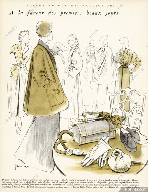 Premiers beaux jours, 1948 - Patou, Maggy Rouff, Hermès, Anny Blatt, Schiaparelli, Lelong, Christian Dior (sac de plombier, cane), Schiaparelli (gloves), Haramboure