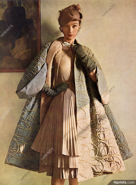 Jacques Fath 1951 Robe à jupe plissée, Shantung de Ducharne, Manteau rebrodé, Photo Pottier