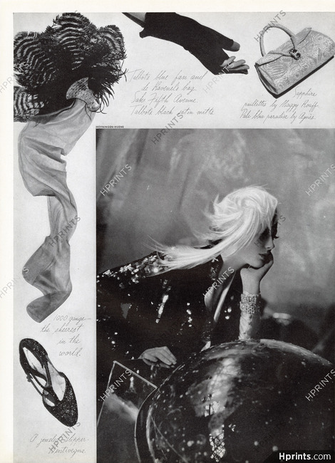 Maggy Rouff Sapphire Paillettes 1935 Agnès Pale blue paradise, Talbot's fan and mitts, Bentivegna Jeweled Slipper, Photo George Hoyningen-Huene