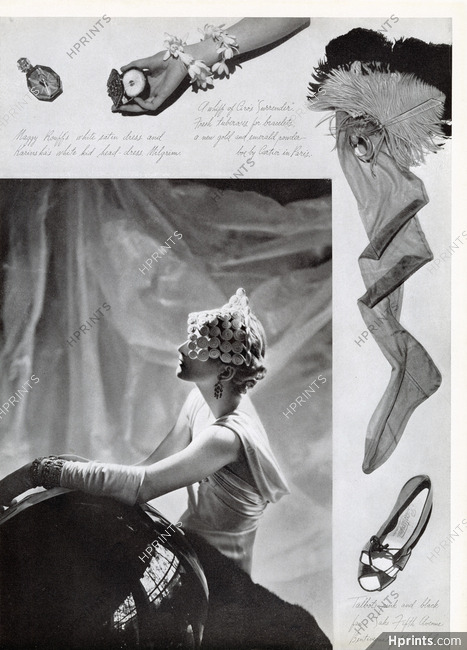 Maggy Rouff White Satin Dress 1935 Cartier powder box, Karinska, Talbot's fan, Bentivegna gold sandal, Photo George Hoyningen-Huene
