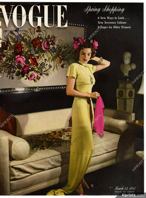 Vogue Cover March 15, 1941 Germaine Monteil, Seaman Schepps Jewels, James Pendleton Decor, Photo Rawlings