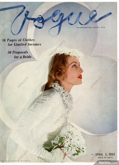 Vogue Cover April 1, 1941 Helena Rubinstein Opalescent, Wedding Dress, Photo Horst