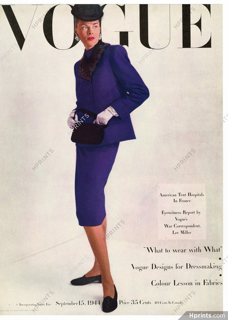 Vogue Cover September 15, 1944 Blue Suit, John Frederics (Hat, bag), Photo Irving Penn