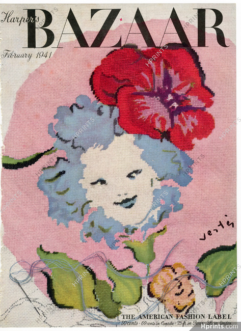 Harper's Bazaar Cover February 1941 Marcel Vertès "Fantasy in Needlepoint"