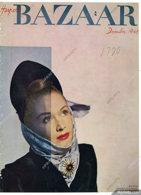 Harper's Bazaar Cover December 1945 Reboux, Kerchief, Verdura's Jewel, Photo Louise Dahl-Wolfe