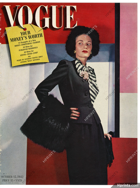American Vogue Cover October 15, 1942 Carolyn Modes Suit, Muff, Photo Horst